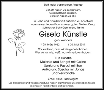 Traueranzeige von Gisela Künstle von Rheinische Post