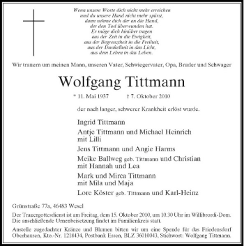 Traueranzeige von Wolfgang Tittmann von Rheinische Post