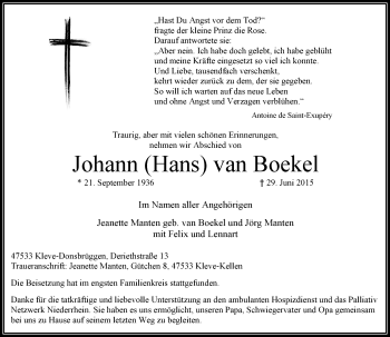 Traueranzeige von Johann van Boekel von Rheinische Post