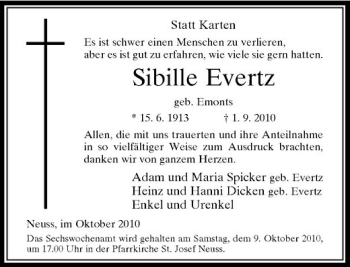 Traueranzeige von Sibille Evertz von Rheinische Post