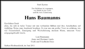 Traueranzeige von Hans Baumanns von Rheinische Post