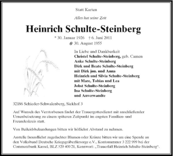 Traueranzeige von Heinrich Schulte-Steinberg von Rheinische Post