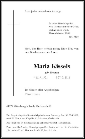 Traueranzeige von Maria Kissels von Rheinische Post