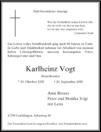 Traueranzeige von Karlheinz Vogt von Rheinische Post