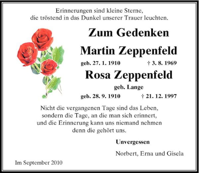  Traueranzeige für Zum Gedenken Martin Zeppenfeld vom 25.09.2010 aus Rheinische Post