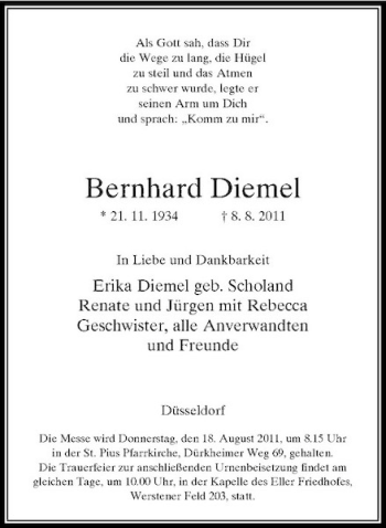 Traueranzeige von Bernhard Diemel von Rheinische Post