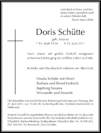 Traueranzeige von Doris Schütte von Rheinische Post