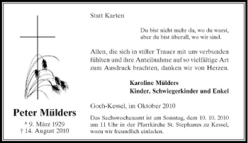 Traueranzeige von Peter Mülders von Rheinische Post