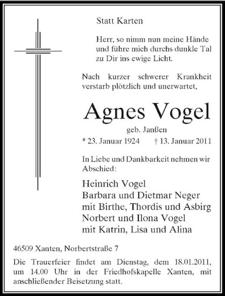 Alle Traueranzeigen für Agnes Vogel