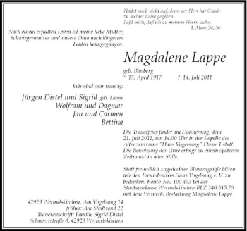 Traueranzeige von Magdalene Lappe von Rheinische Post