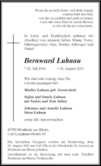 Traueranzeige von Bernward Luhnau von Rheinische Post