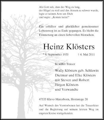 Traueranzeige von Heinz Klösters von Rheinische Post