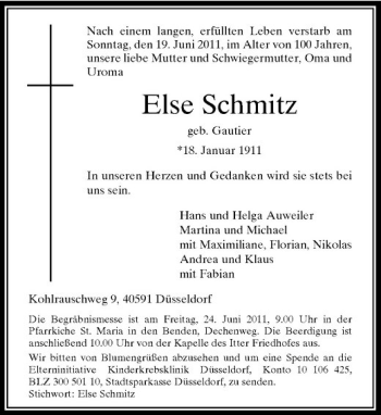 Traueranzeige von Else Schmitz von Rheinische Post