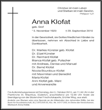 Traueranzeige von Anna Klofat von Rheinische Post