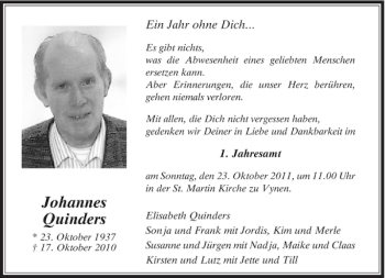 Traueranzeige von Johannes Quinders von Rheinische Post