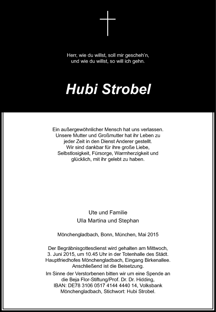  Traueranzeige für Hubi Strobel vom 30.05.2015 aus Rheinische Post