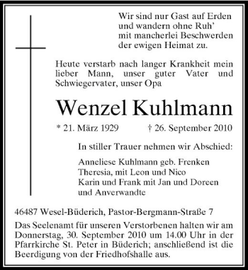 Traueranzeige von Wenzel Kuhlmann von Rheinische Post