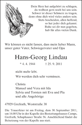 Traueranzeige von Hans-Georg Lindau von Rheinische Post