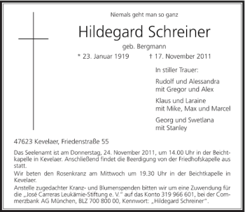 Traueranzeige von Hildegard Schreiner von Rheinische Post