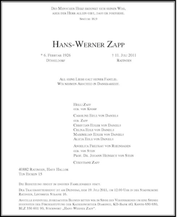 Traueranzeige von Hans-Werner Zapp von Rheinische Post