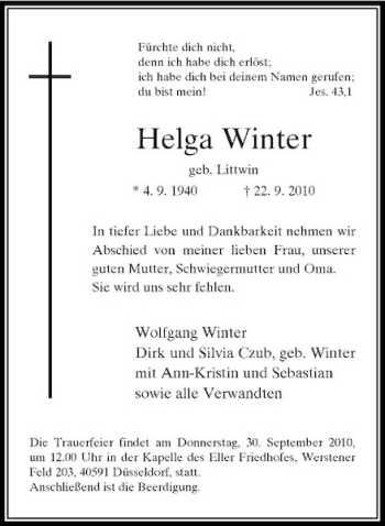 Traueranzeige von Helga Winter von Rheinische Post