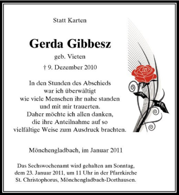 Traueranzeige von Gerda Gibbesz von Rheinische Post