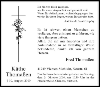 Traueranzeige von Käthe Thomaßen von Rheinische Post