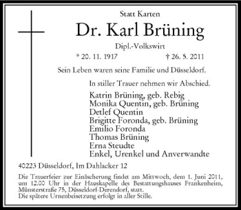 Traueranzeige von Dr. Karl Brüning von Rheinische Post