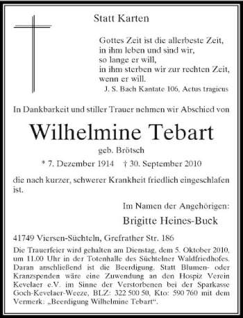 Traueranzeige von Wilhelmine Tebart von Rheinische Post