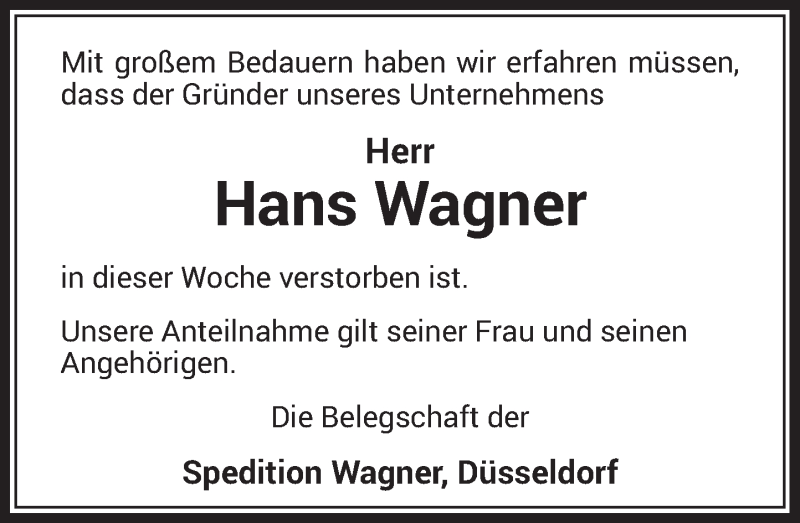  Traueranzeige für Hans Wagner vom 06.06.2015 aus Rheinische Post