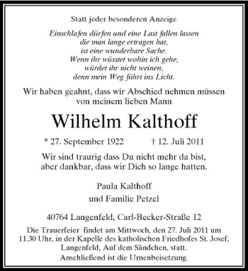 Traueranzeige von Wilhelm Kalthoff von Rheinische Post