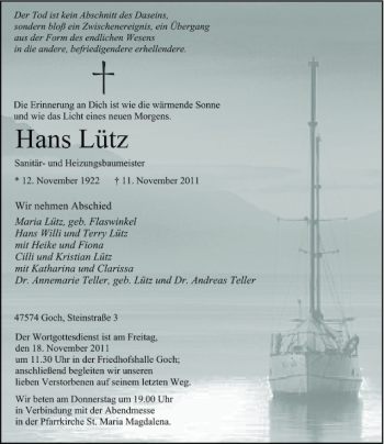 Traueranzeige von Lütz Hans von Rheinische Post