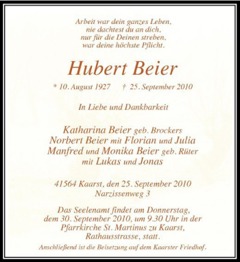 Traueranzeige von Hubert Beier von Rheinische Post