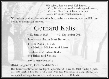 Traueranzeige von Gerhard Kalis von Rheinische Post