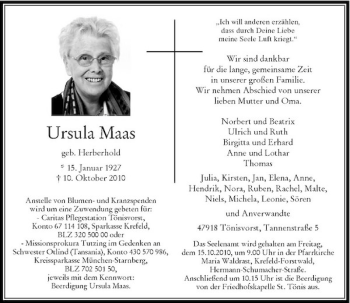 Traueranzeige von Ursula Maas von Rheinische Post