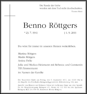 Traueranzeige von Benno Röttgers von Rheinische Post