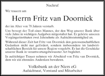 Traueranzeige von Herrn Fritz van Doornick von Rheinische Post