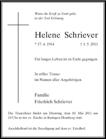 Traueranzeige von Helene Schriever von Rheinische Post