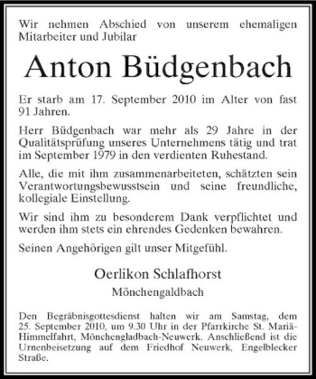 Traueranzeige von Anton Büdgenbach von Rheinische Post