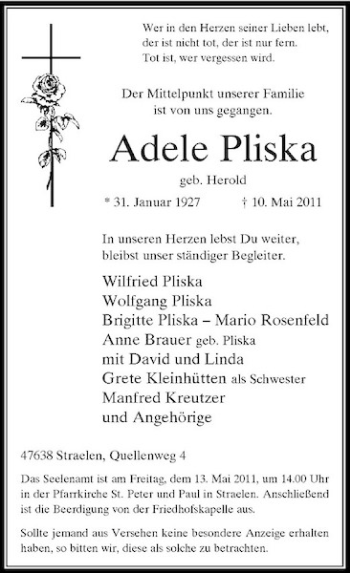 Traueranzeige von Adele Pliska von Rheinische Post