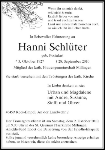 Traueranzeige von Hanni Schlüter von Rheinische Post