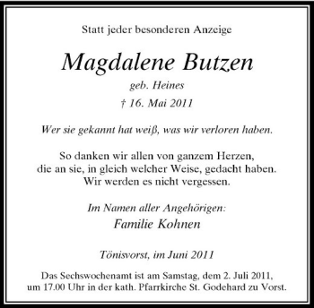 Traueranzeige von Magdelene Butzen von Rheinische Post