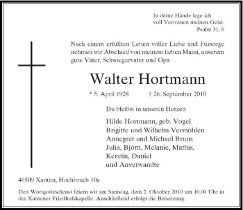 Traueranzeige von Walter Hortmann von Rheinische Post
