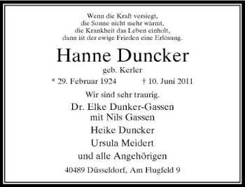 Traueranzeige von Hanne Duncker von Rheinische Post