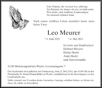 Traueranzeige von Leo Meurer von Rheinische Post