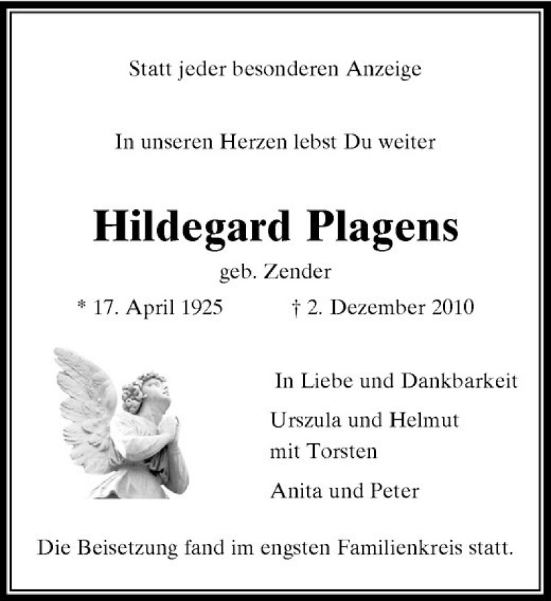 Alle Traueranzeigen Für Hildegard Plagens | Trauer.rp-online.de