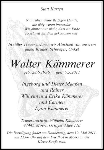 Traueranzeige von Walter Kämmerer von Rheinische Post