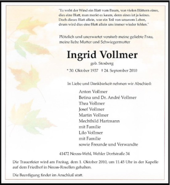 Traueranzeige von Ingrid Vollmer von Rheinische Post