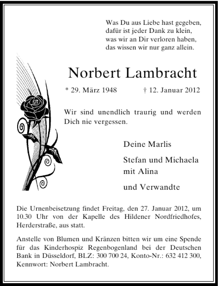  Traueranzeige für Norbert Lambracht vom 21.01.2012 aus Rheinische Post