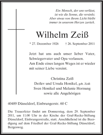 Traueranzeige von Wilhelm Zeiß von Rheinische Post